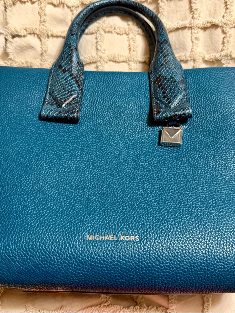 Michael Kors Blue Satchel Python Trim Handbag